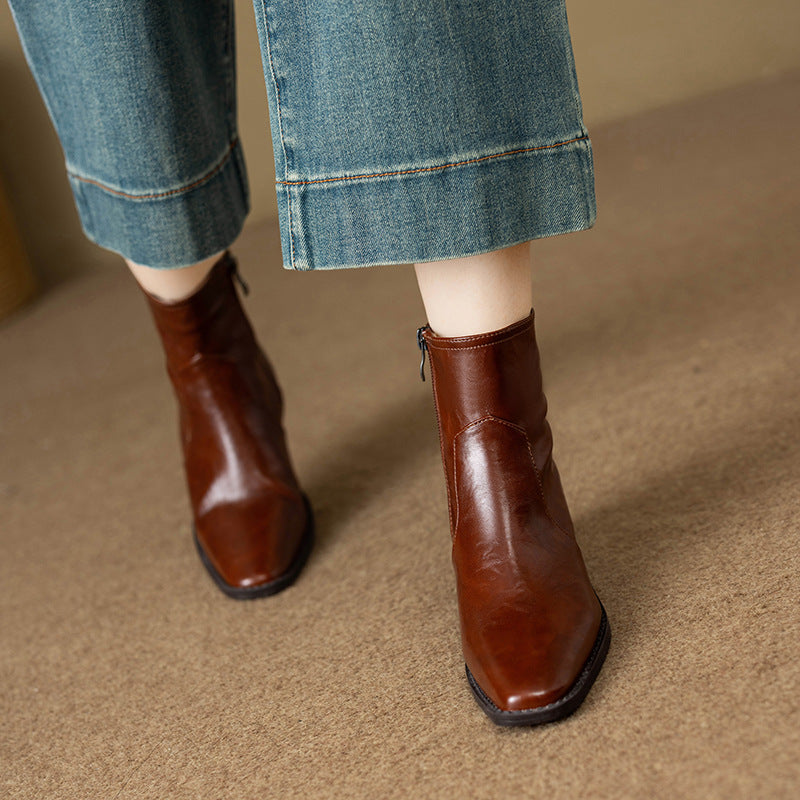 Women's Washed Cowhide Super Comfortable Short Thick Thin Square Toe Boots