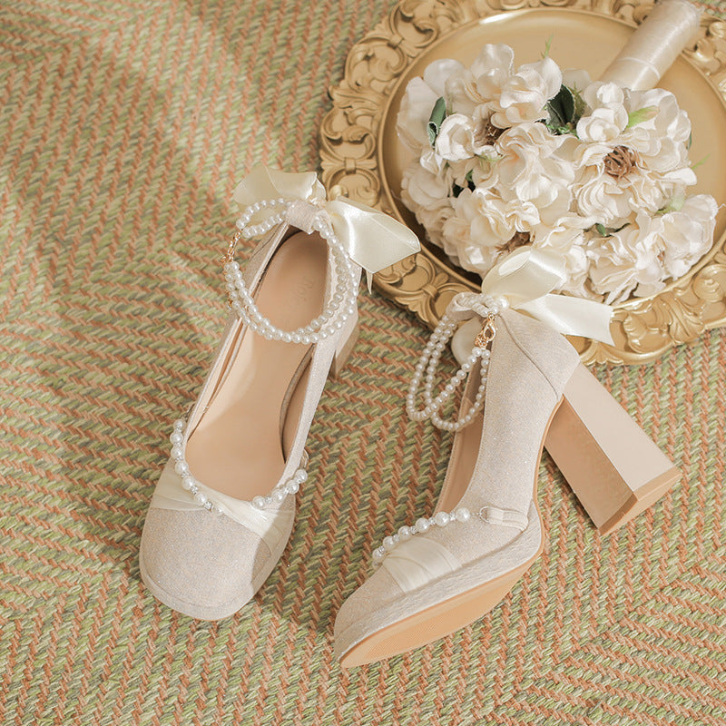 Women's Jane High Small Chunky Adult Ceremony Wedding Dress Two-way Engagement Heels