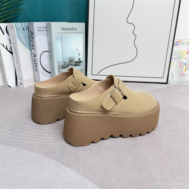 Women's Increasing Insole Closed Toe Half Fleece-lined Platform Slip-on Thick-soles Slippers