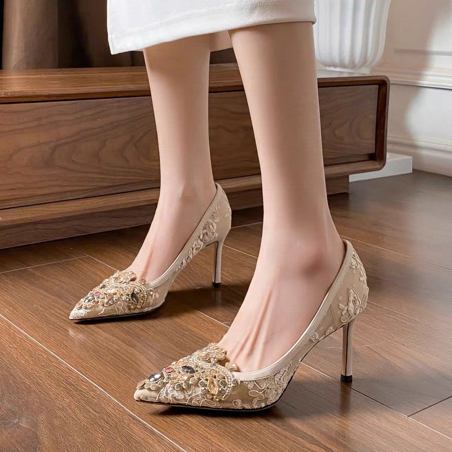 Women's Lace Stiletto French Style Temperament Color Dignified Rhinestone Pointed Toe Women's Fashion Shoes