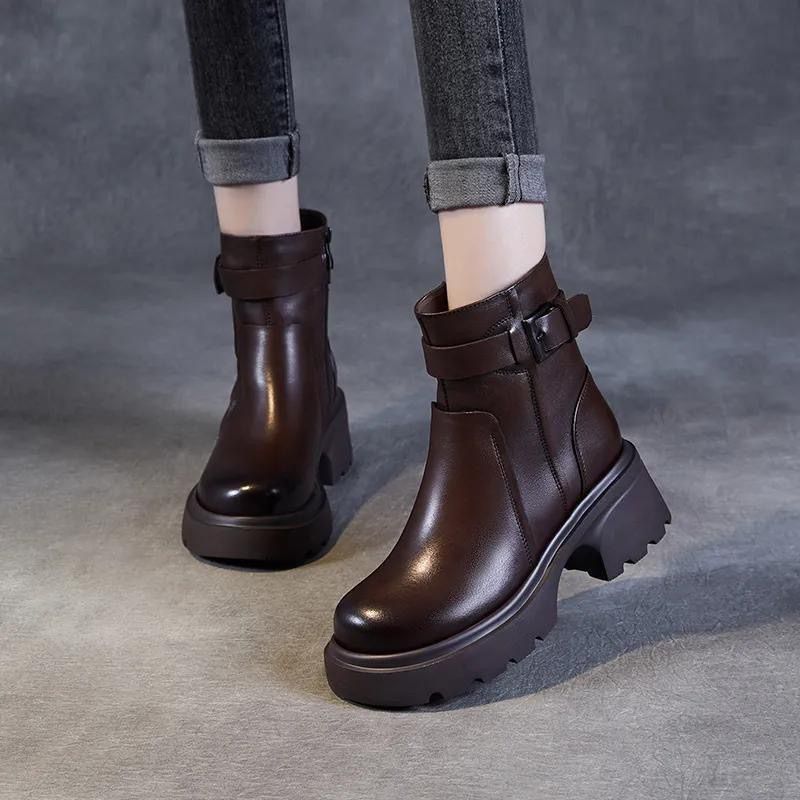 Women's Platform Martin Small High Side Zipper Short Belt Buckle Women's Leather Boots