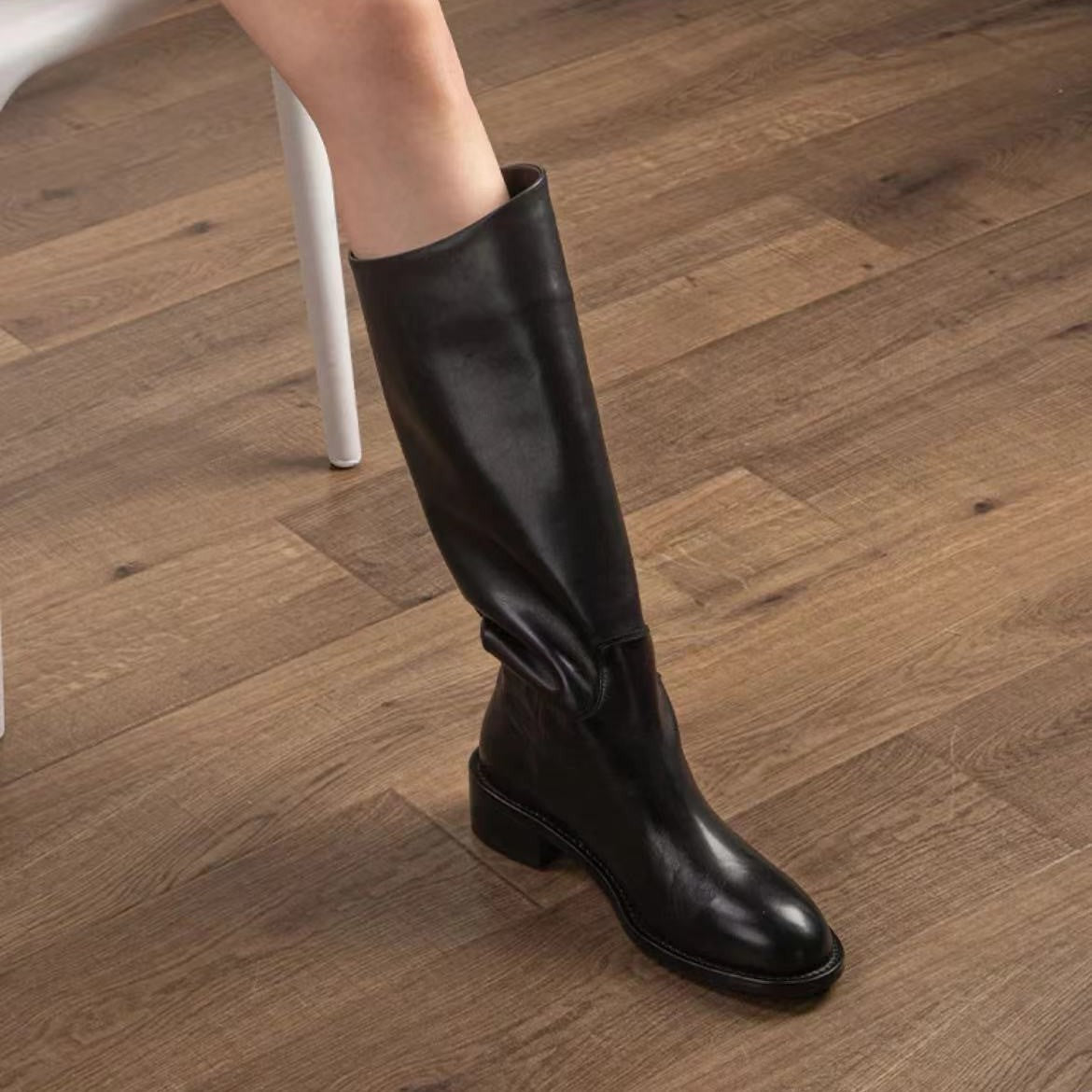 Women's Cowhide Version Korean Style Slimming Big Tube Circumference Tall Knight Women's Leather Boots