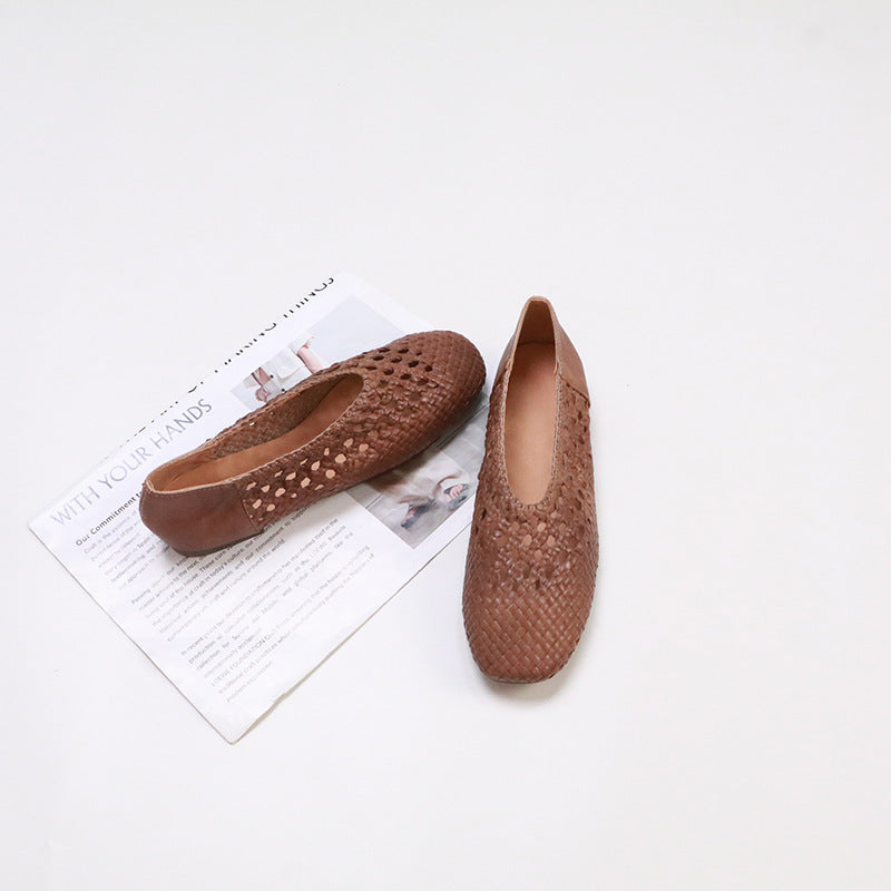 Women's Handmade Braided Square Toe Hollow Flat Women's Casual Shoes
