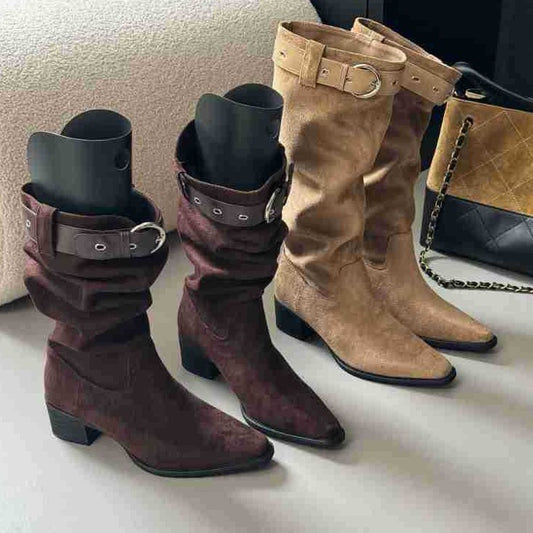 Women's Excluding Tax Below The Knee Long Female Khaki Suede Chunky Boots