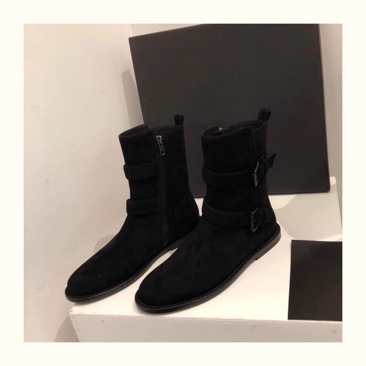 Women's Suede Flat Ankle Genuine Belt Buckle Women's Leather Boots