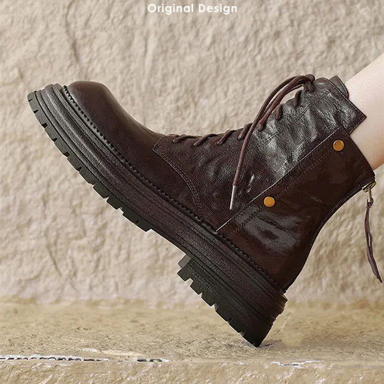 Women's To Wear Sheepskin Thick Bottom British Style Martin For Brown Women's Leather Boots