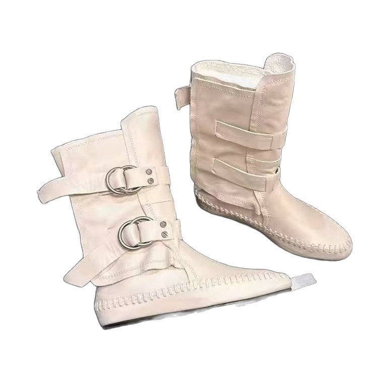 Women's Version Retro Round Toe Belt Buckle Fashion Short Flat Women's Leather Boots
