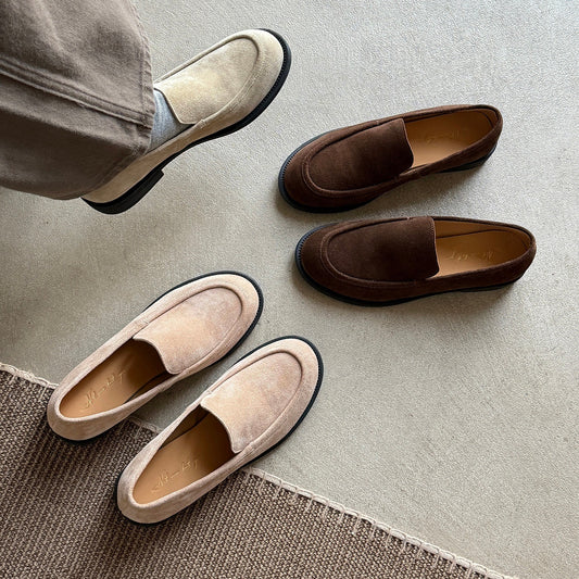 Women's Spring Round Toe Reversible Cowhide Flat Pumps Loafers