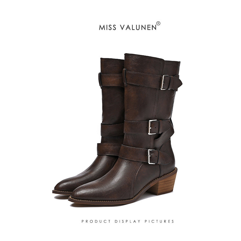 Women's Warren Pointed Toe Chunky Western Cowboy Knight Women's Leather Boots