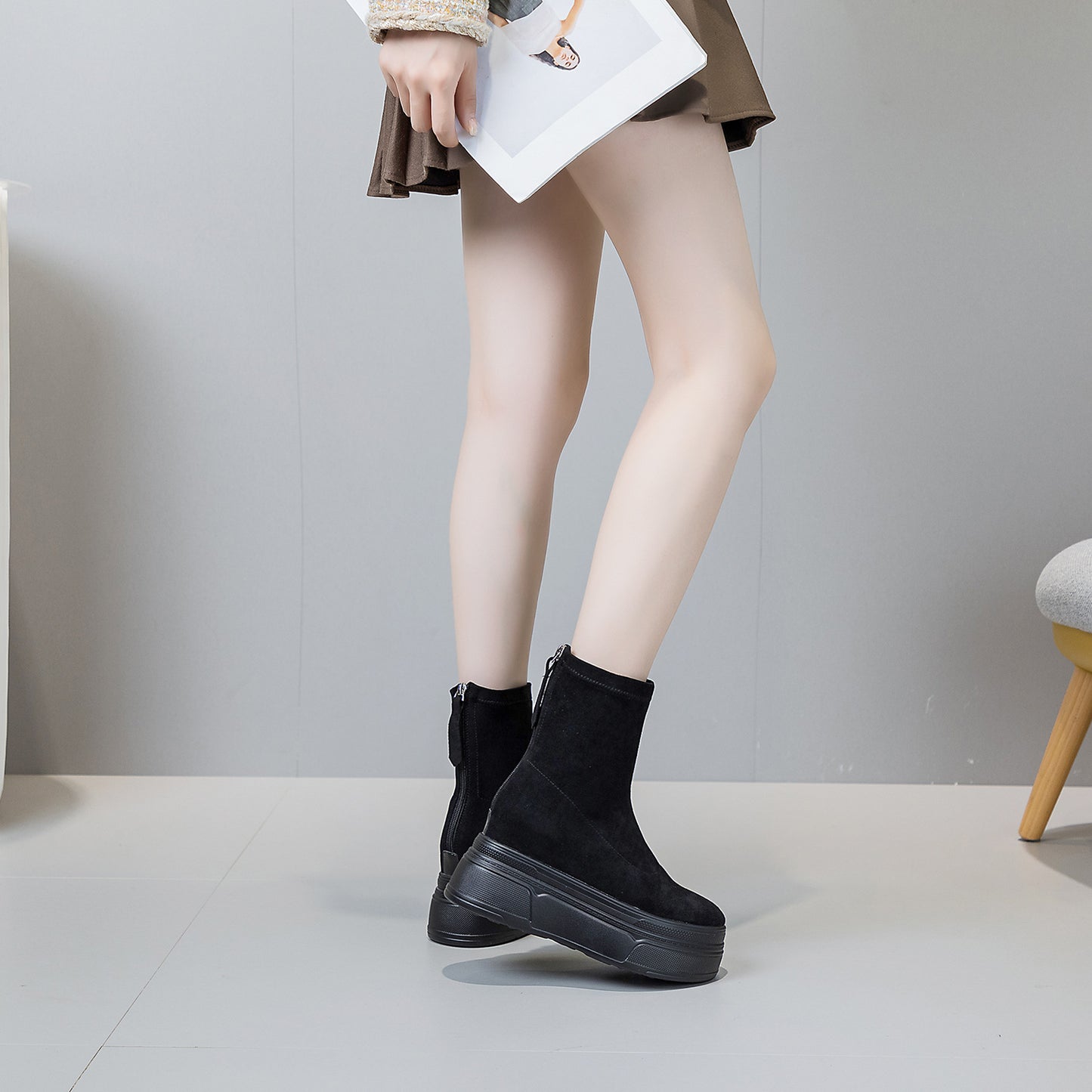 Stretch Thin Not Tired Feet Platform Martin Chunky Zipper Ankle Boots