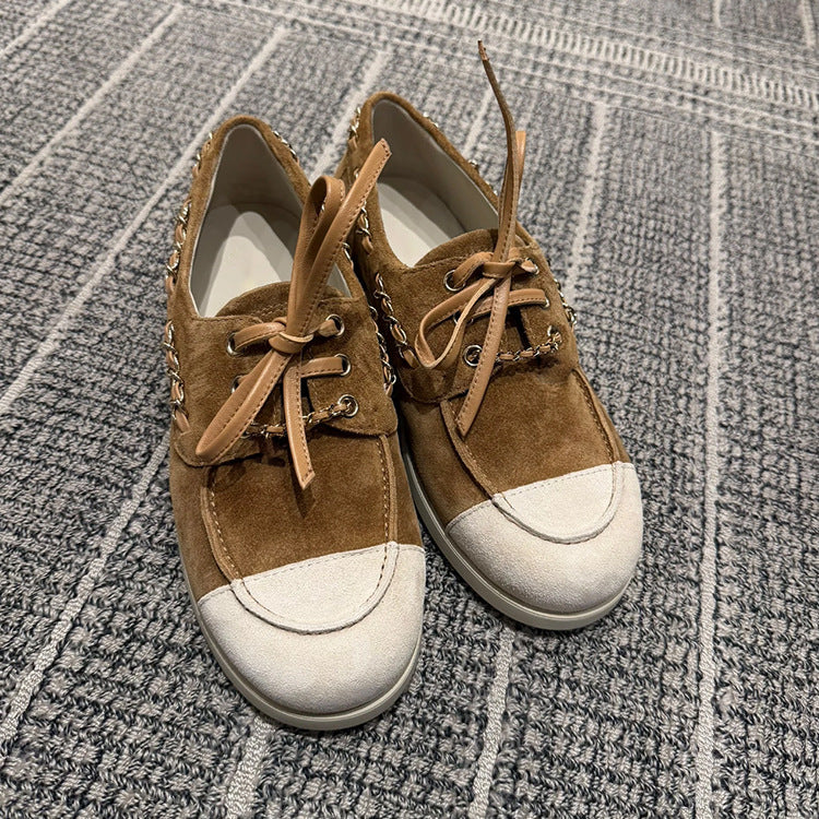 Women's Spring Classic Style Metal Chain Suede Flat Bottom Color Sneakers