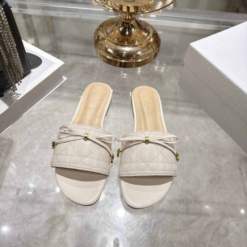 Quality Summer Electric Embroidery Rattan Plaid Bow Open Toe Flat Slippers