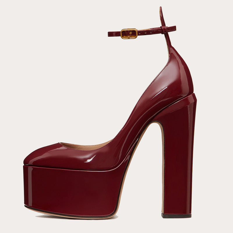 Waterproof Platform Patent Round Head Thick Bottom Ankle Ring Women's Shoes