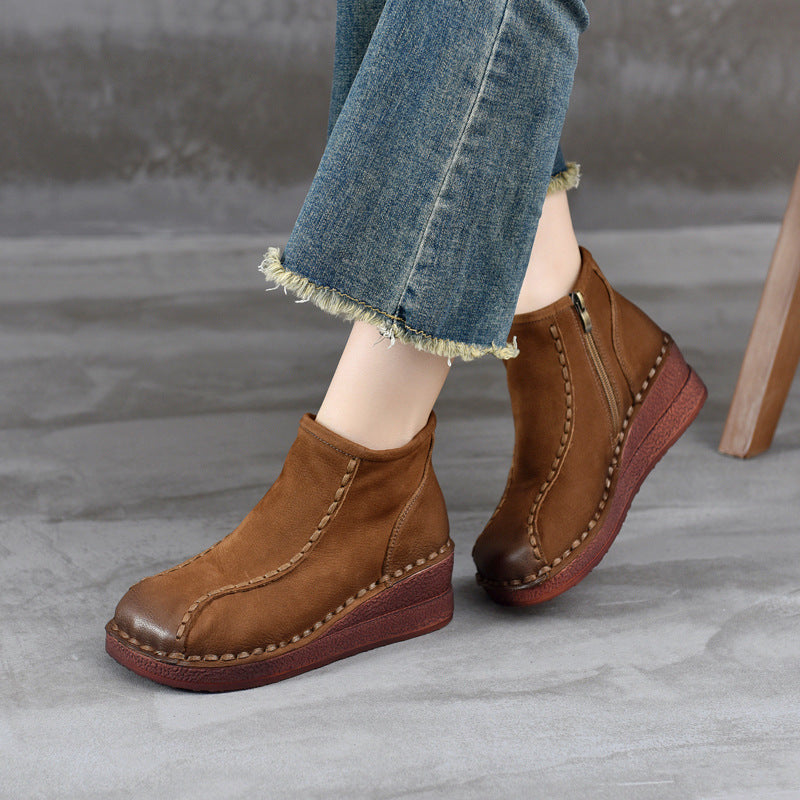 Women's Toe Wedge Artistic Style Solid Color Back Women's Leather Boots