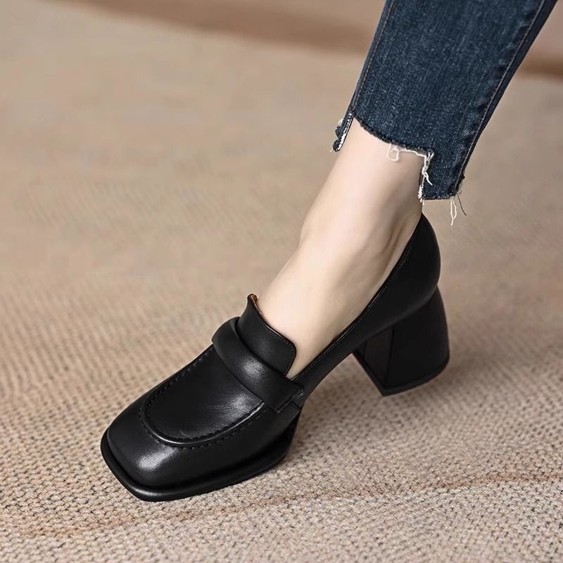Women's Brown High Genuine Soft Chunky Pumps Heels
