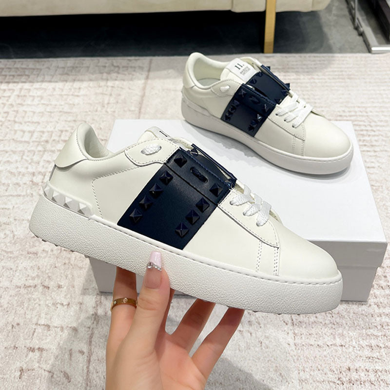 Women's & Men's Rivet White Top Layer Cowhide Platform Sneakers