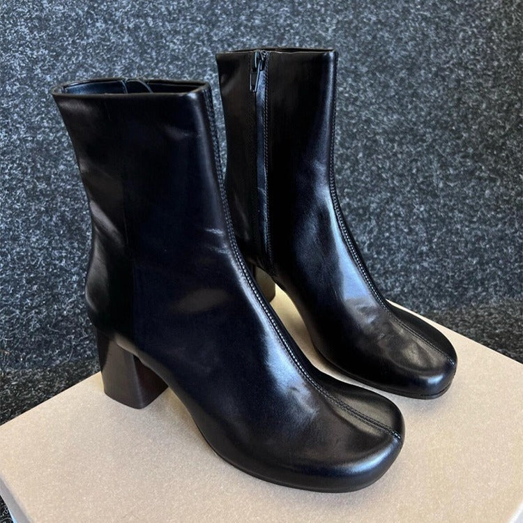 Women's Cowhide Side Zipper Fashion Short Chunky High Martin Heels