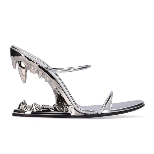 Metal Giant Tooth Tiger Abnormal Shape Open Toe Heels