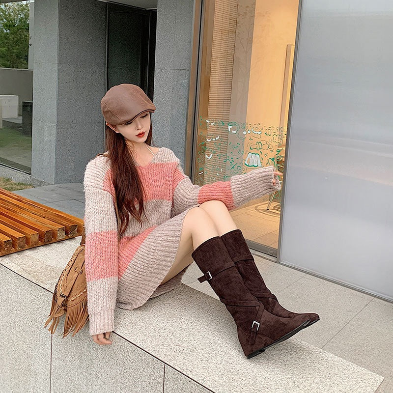 Increasing Korean Round Head Buckle Soft Pleated High Female Women's Leather Boots