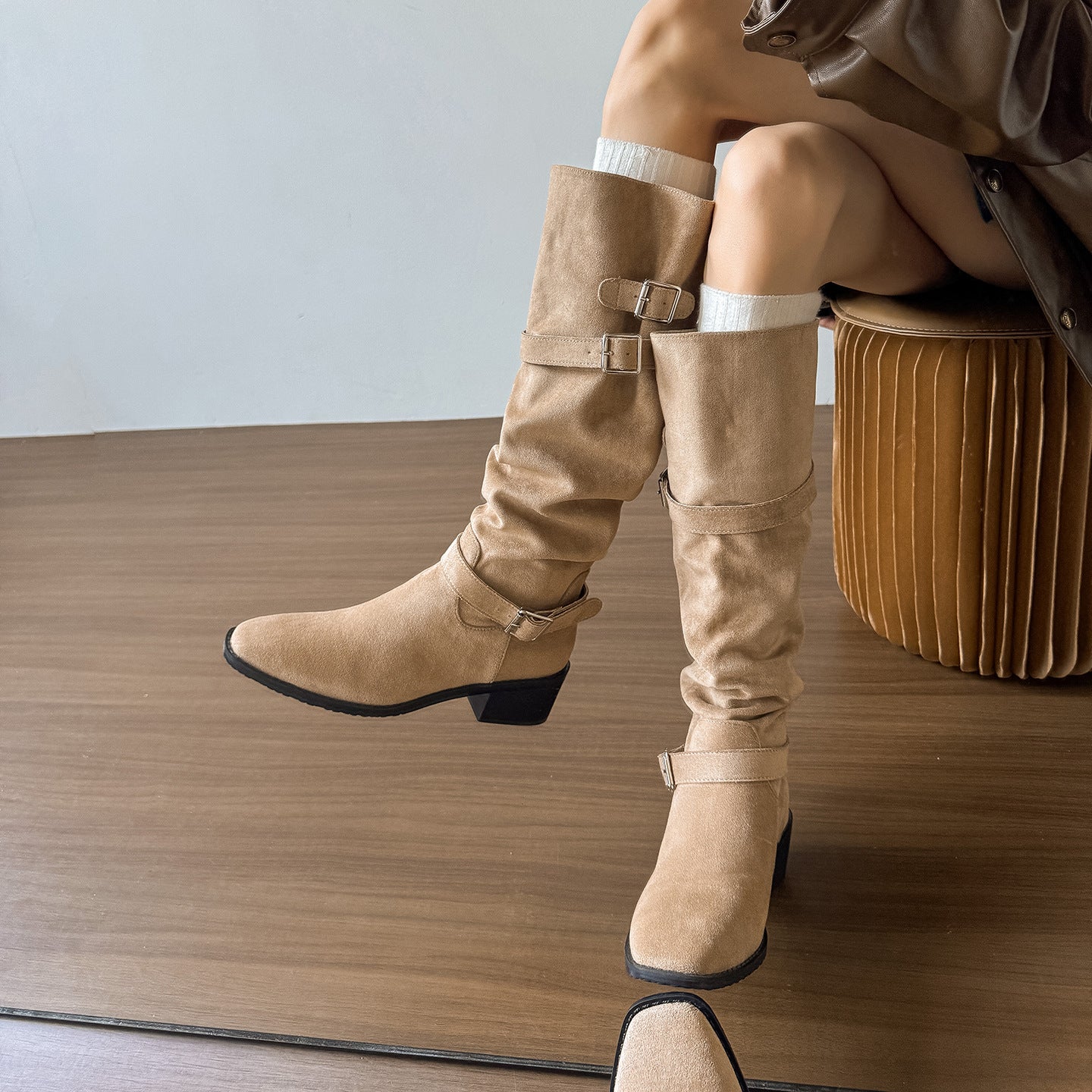 Women's Thick Black Below The Knee Pile Style Big Tube Circumference Women's Leather Boots
