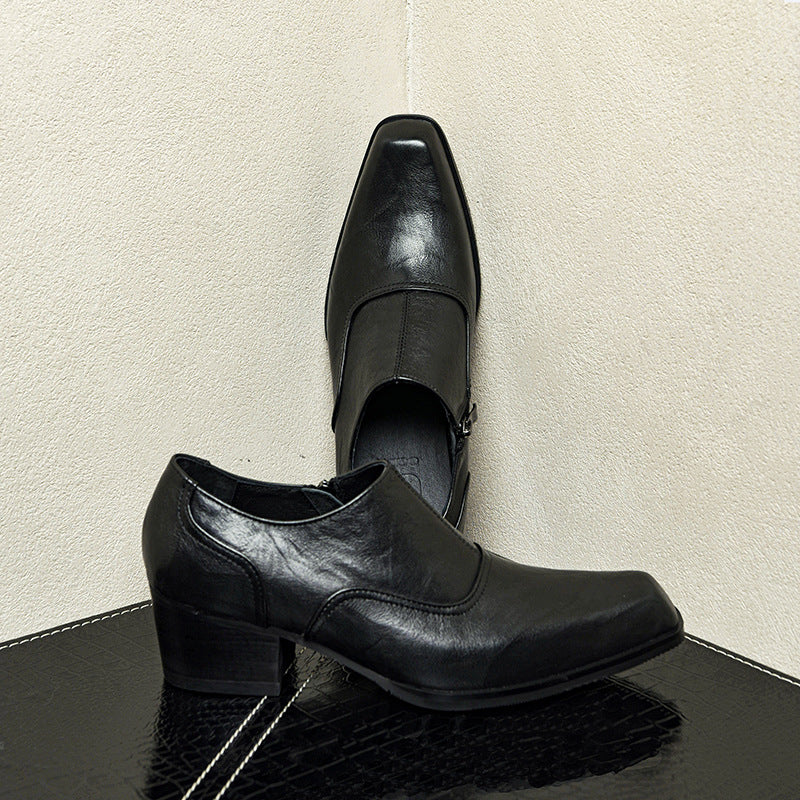 Men's High Square Toe First Layer Cowhide Leather Shoes