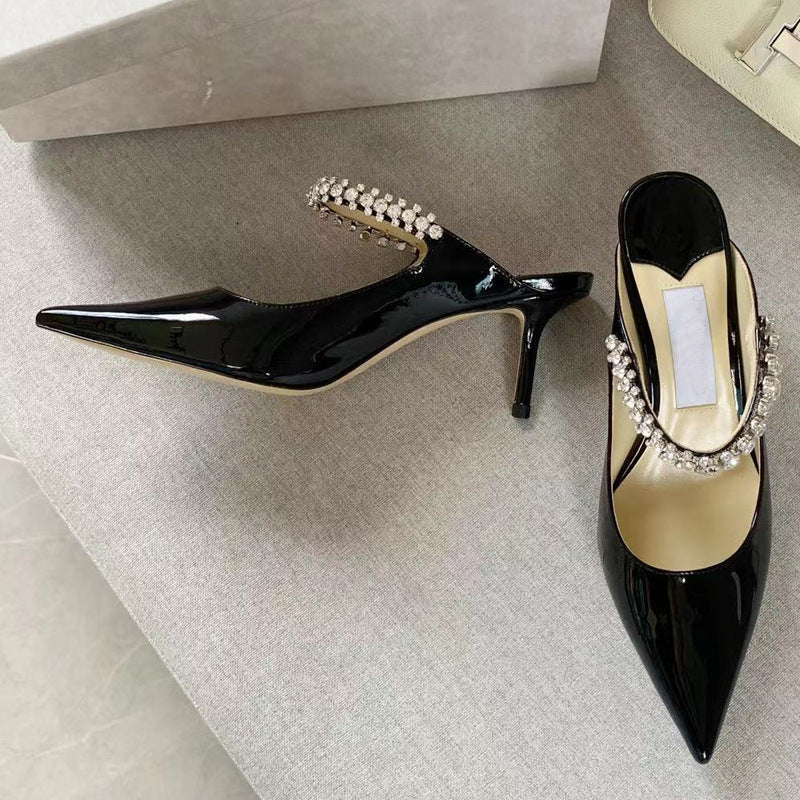 Women's High Version Rhinestone Patent Pointed Toe Pumps Mules Flat Slippers