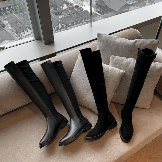 Women's Autumn Wellingtons Flat Chunky Knight Skinny Women's Leather Boots