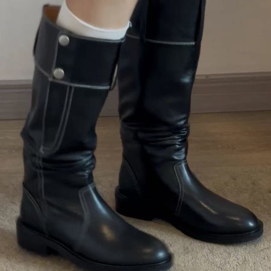 Version Black Vintage Button High Female Below The Knee Pleated Boots