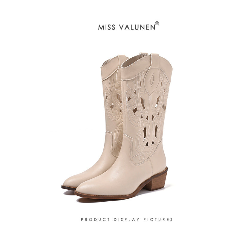 Women's Short Retro Ethnic Style Thick Bottom Motorcycle Chunky Women's Leather Boots