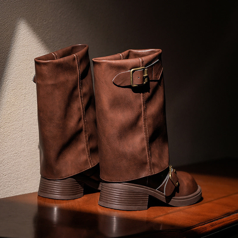 Pleated Pile Style Martin Motorcycle Round Head Boots