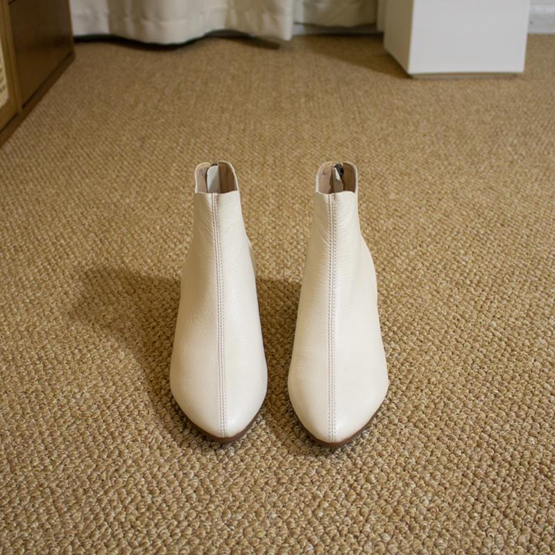 Women's White Chunky Ankle French Style Temperament Pointed Toe Women's Leather Boots