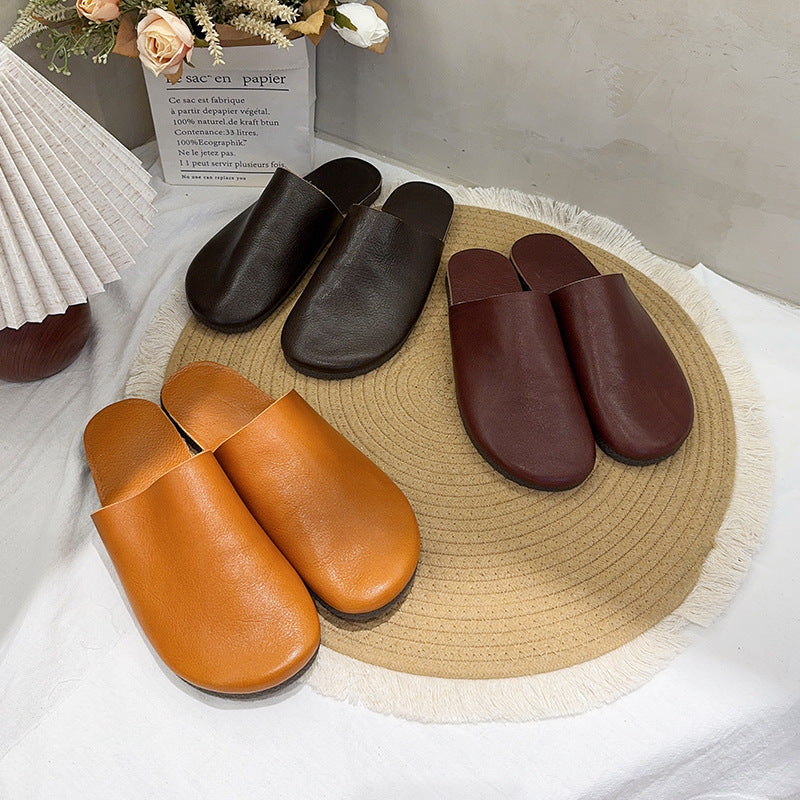 Women's Summer Fashion Round Toe Bottom Top Layer Cowhide Retro Closed Flat Slippers