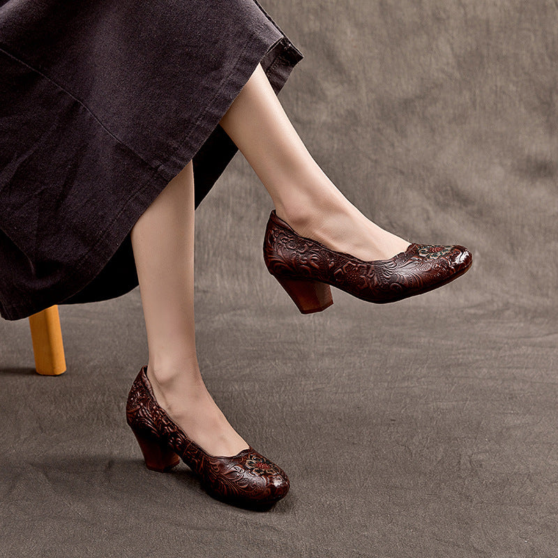Women's Handmade Retro Genuine First Layer Cowhide Round Head Comfortable Chunky Women's Casual Shoes