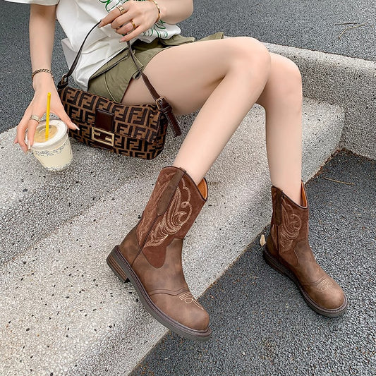 Women's Brown Summer Western Cowboy Retro Chunky Boots