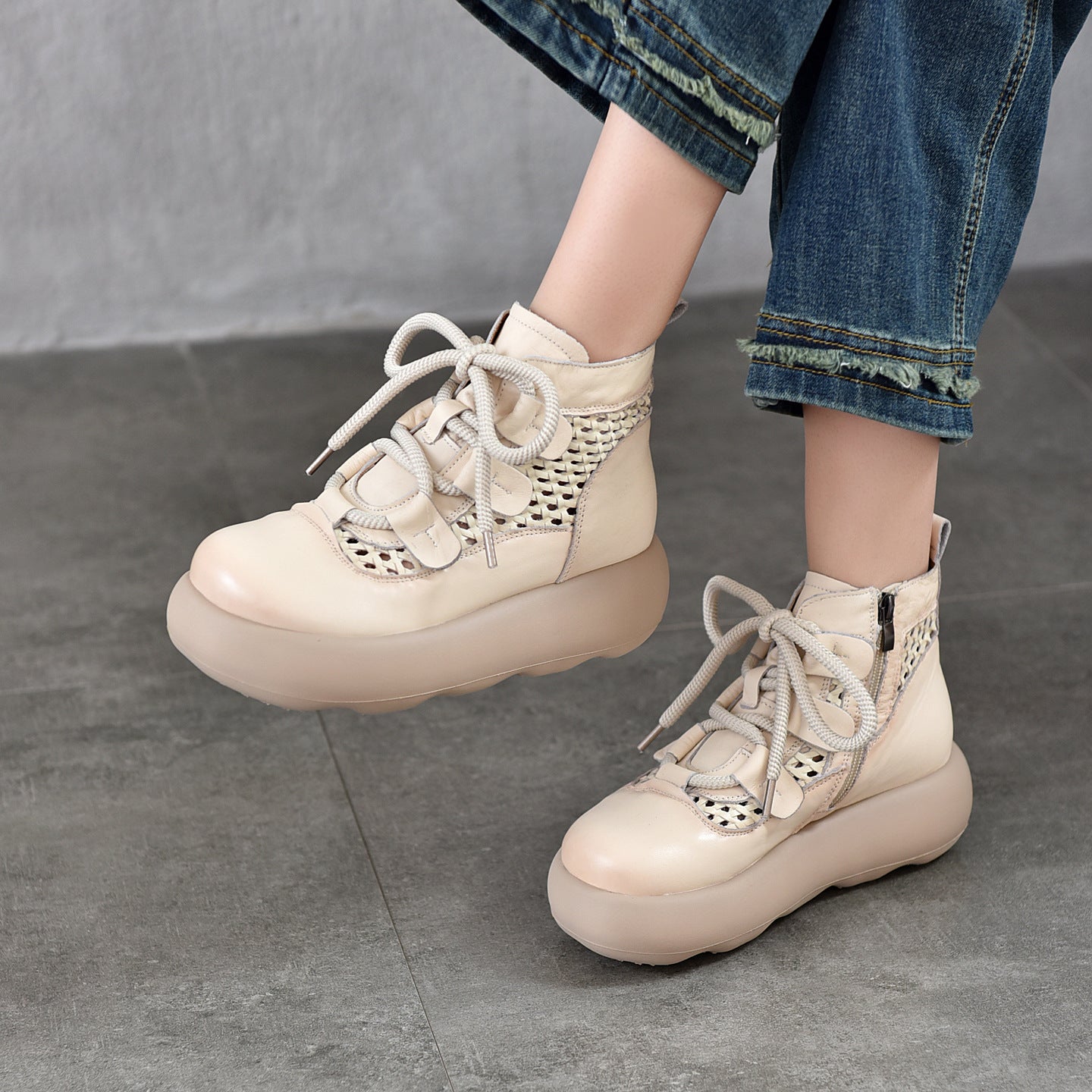 Women's First Layer Cowhide Handmade Woven Hollowed Platform Sandals