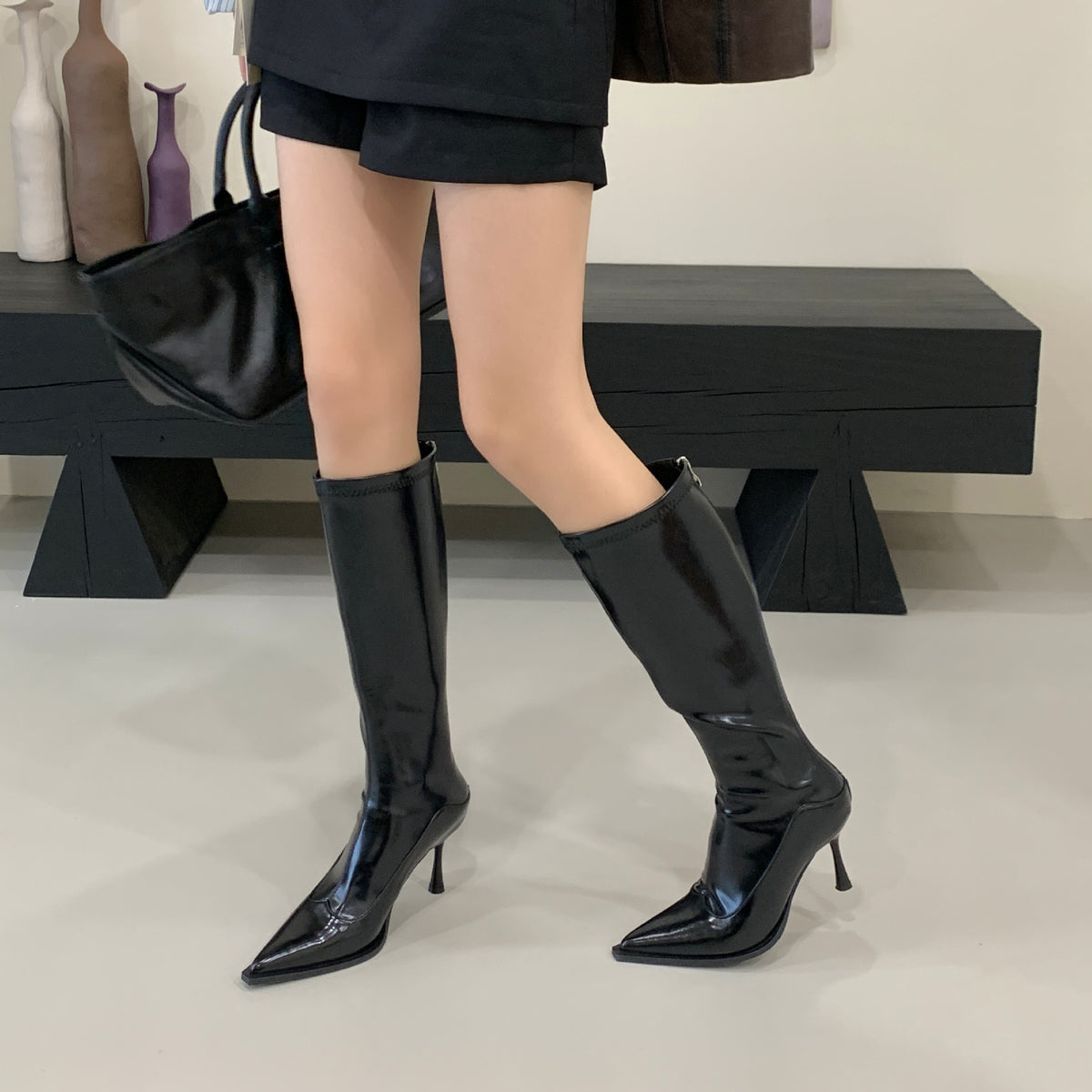 Sexy Pointed Toe Long Female Black Thigh Highs Skinny Slimming Women's Leather Boots