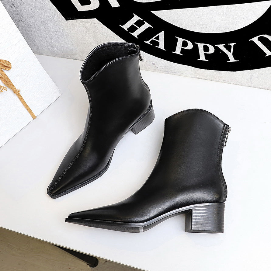 Women's Retro Simple Thick Bootie Pointed Toe Back Zipper Winter Boots