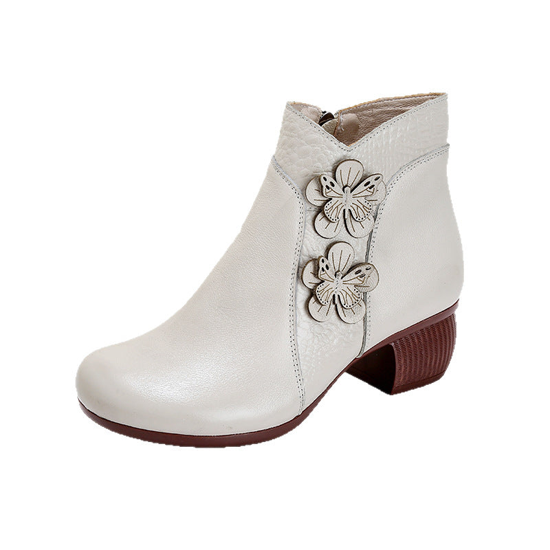 Women's Soft Bottom Surface Cattlehide Fashion Medium Chunky Flower Women's Cotton Shoes