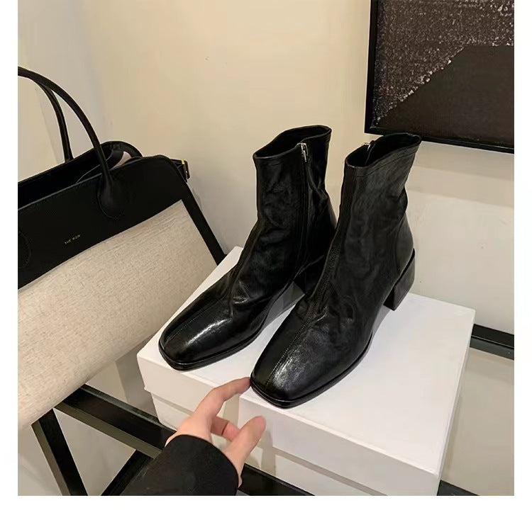 Cowhide Square Toe Washed Horse Skinny Ankle Chunky Platform Women's Leather Boots
