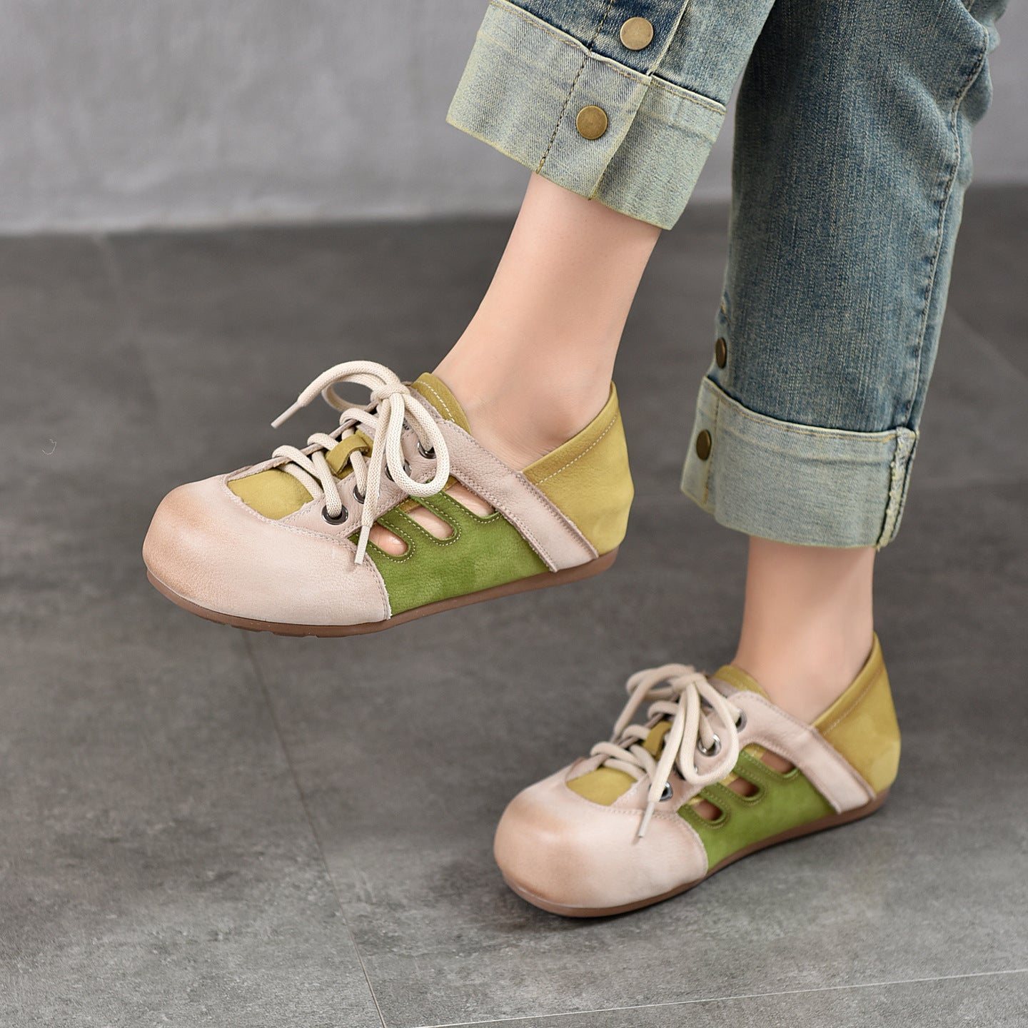 Women's Ugly Cute Color Matching Hollow Out Genuine Leather Shoes
