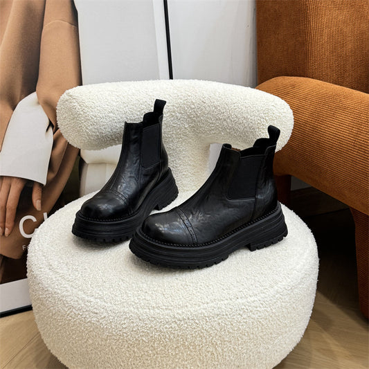 Women's Height Increasing Insole Round Toe Chelsea Autumn Women's Leather Boots