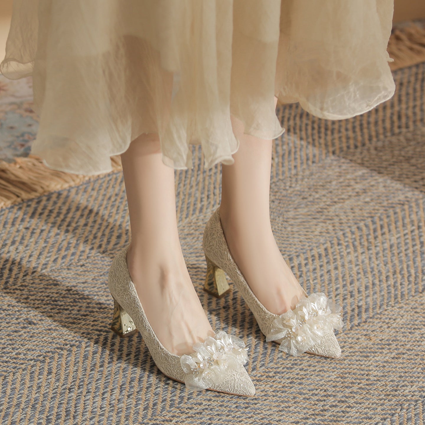 French Wedding Bridal Dress Two-way Chunky High Heels