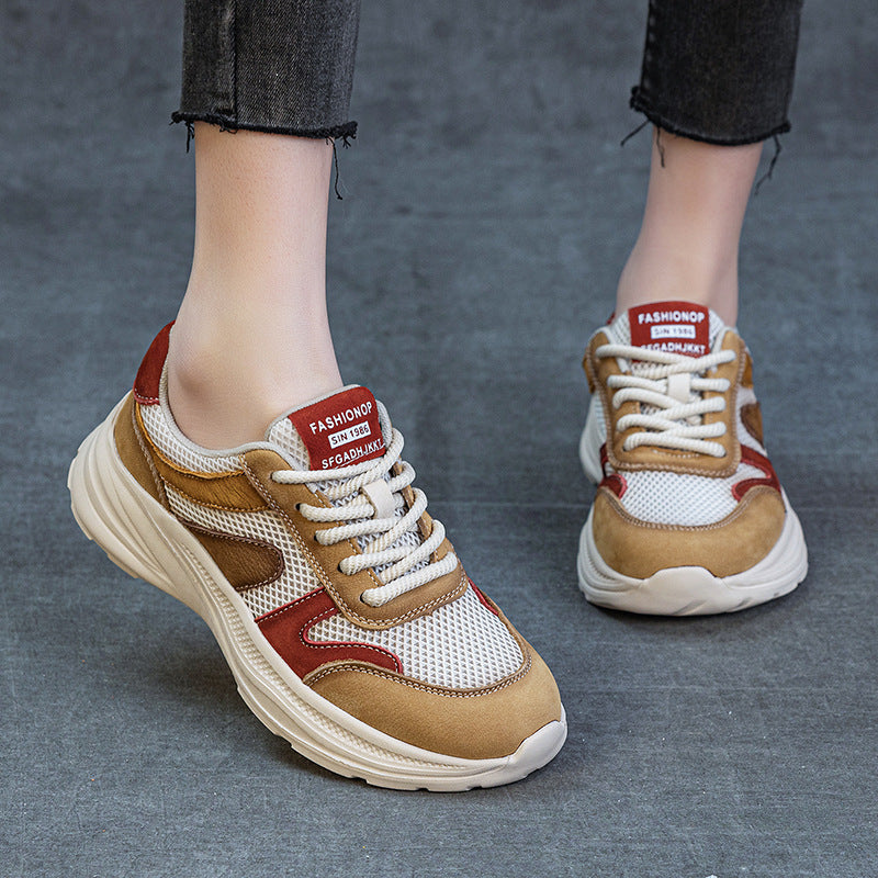 Women's Cowhide Dad Thick Bottom Breathable Mesh Color Casual Shoes