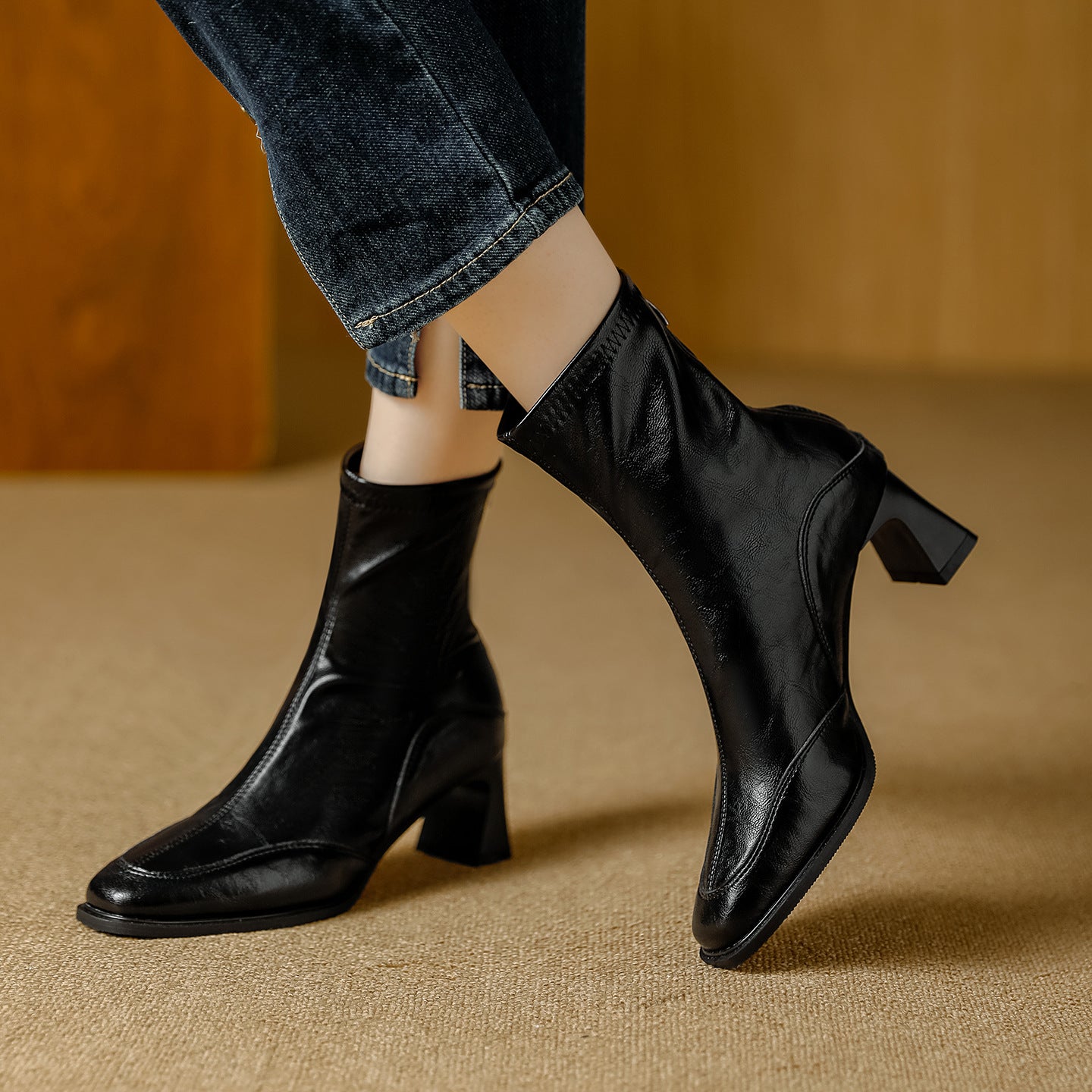 Women's Square Toe Booties Chunky Back Zip Soft Artistic Retro Style Women's Leather Boots