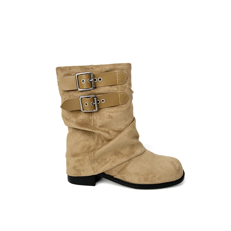 Women's Western Cowboy Round Head Chunky Thick-soled Women's Leather Boots