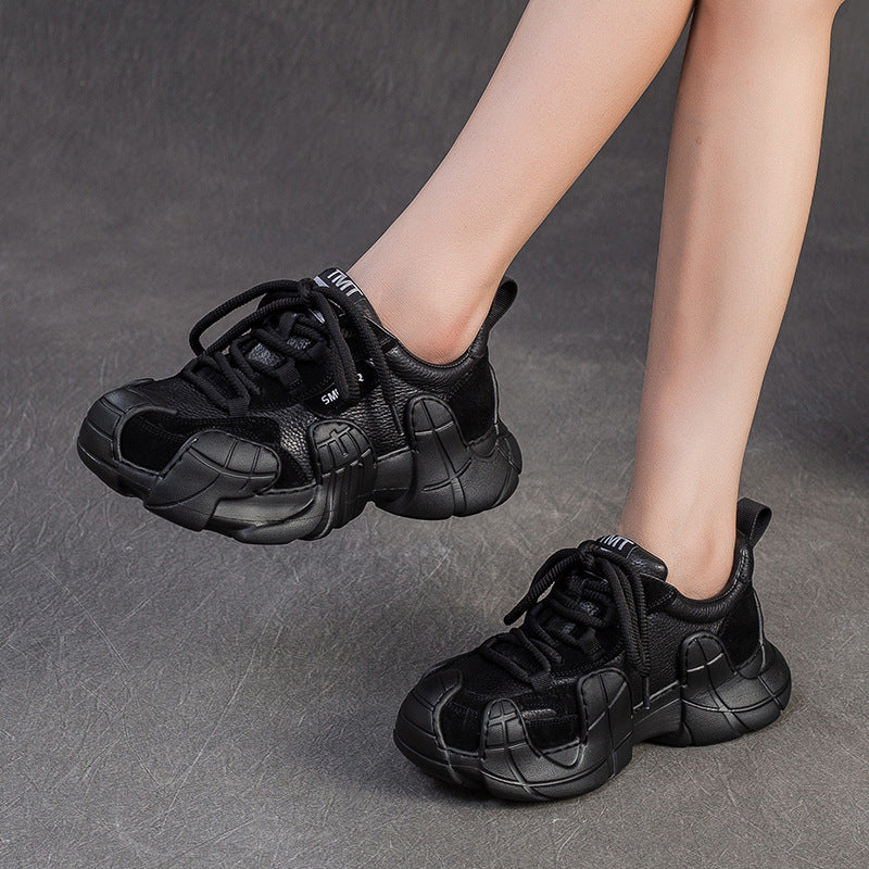 Women's Comfortable First Layer Cowhide Round Toe Dad Women's Casual Shoes