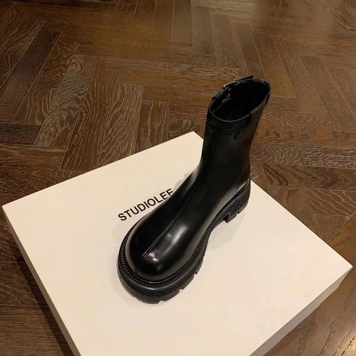 Women's Side Buckle Thick Bottom Chunky Thin Short Women's Leather Boots