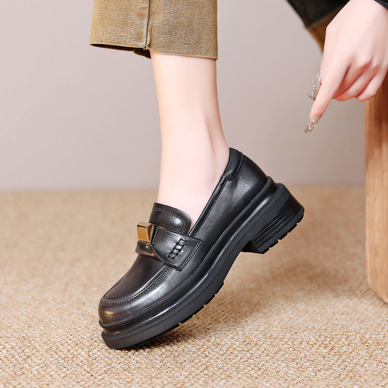 Women's French Style Temperament Pumps Round Head Chunky Brown Leather Shoes