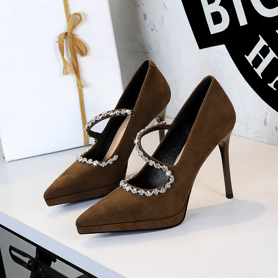 Stiletto Low-cut Suede Waterproof Platform Rhinestone Heels