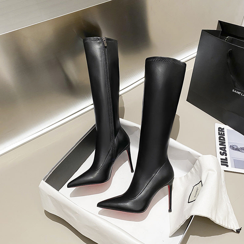 The Knee High-heel Zipper Black Long Toe Boots